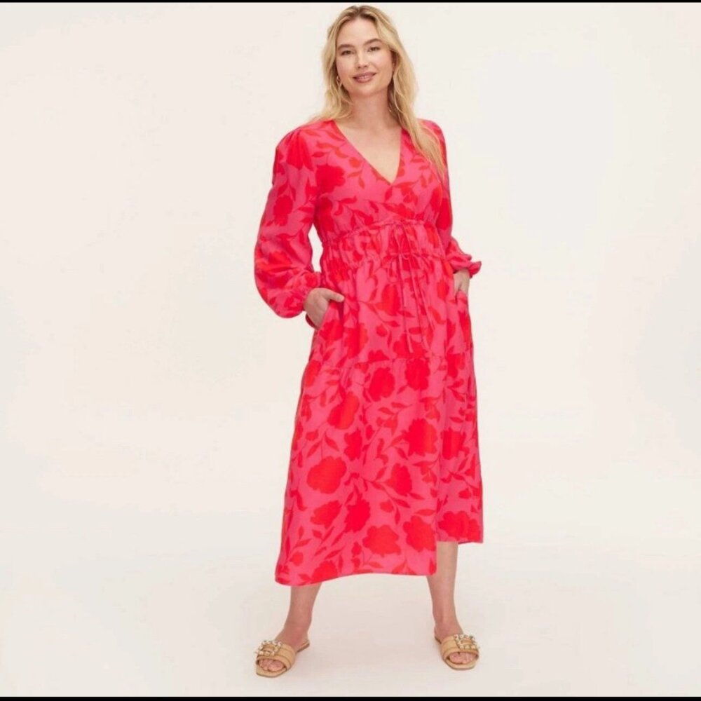 Kate Spade Classic Rose Linen Long Sleeve Women's Maxi Dress Size Medium‎ NWT